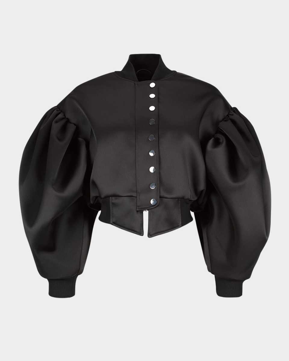 Puff-Sleeve Duchesse Satin Bomber Jacket
